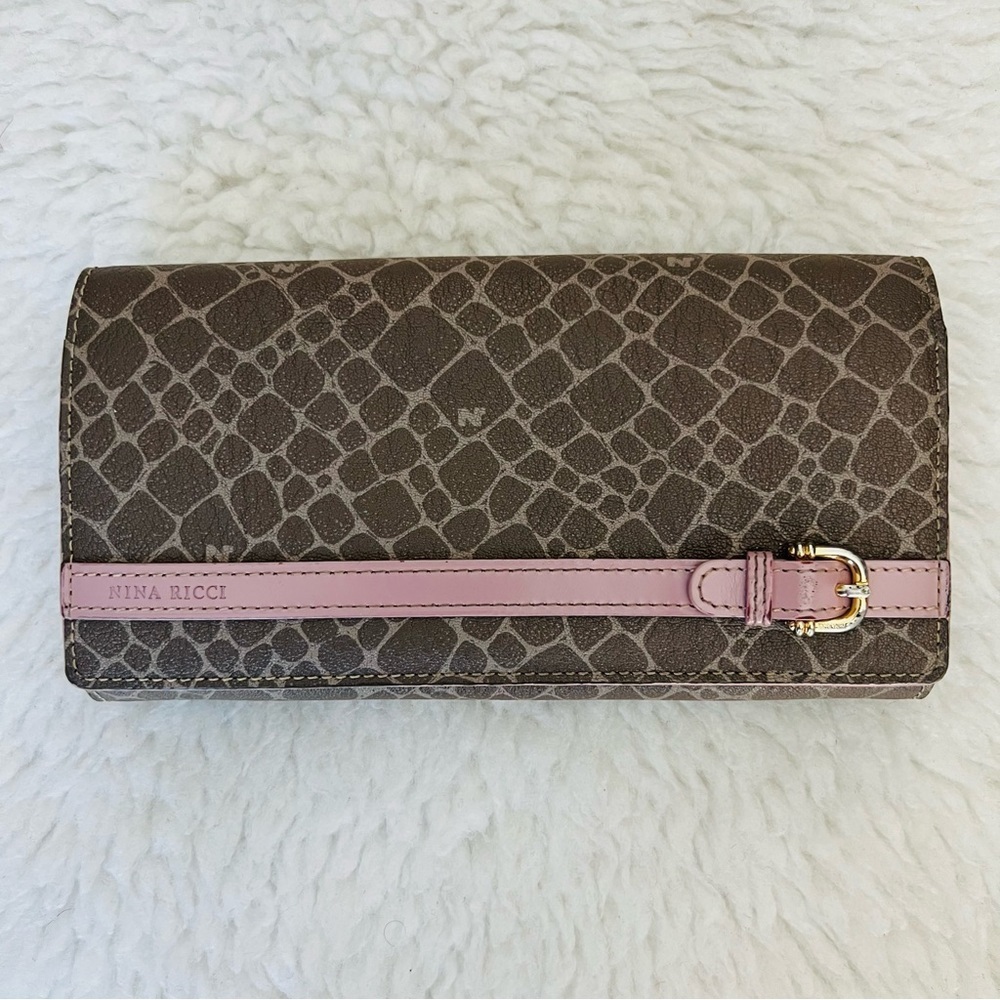 Nina Ricci Bifold w/ kiss lock Brown/ Purple Genuine Leather Long Wallet